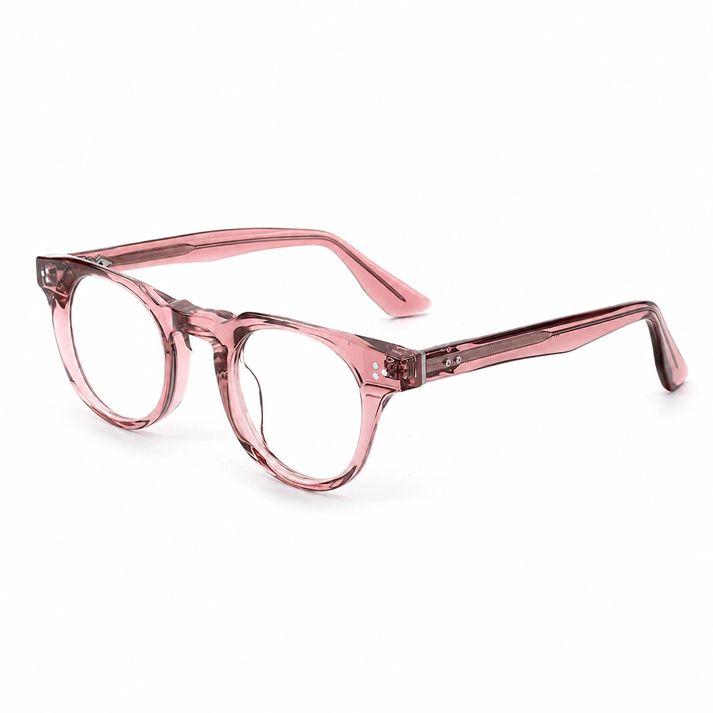 Pink crystal acetate optical frame with round silhouette, custom OEM for fashion and DTC brands