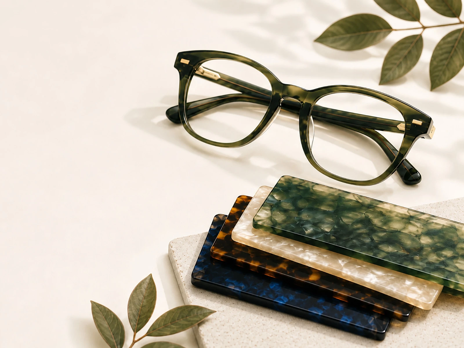Green tortoise acetate optical frame beside a stack of multicolor acetate sheets in natural light