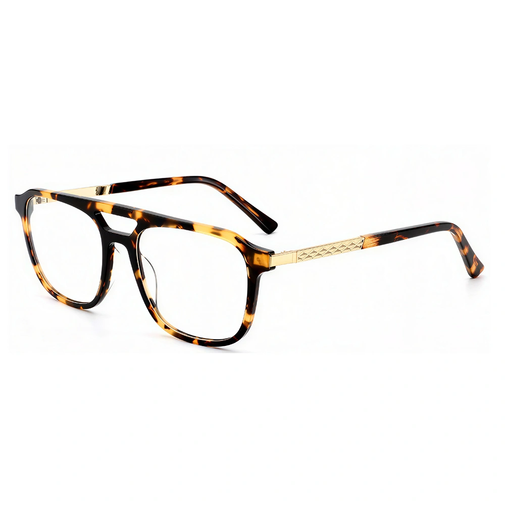 Tortoise acetate aviator-style optical frame with metal detail, angled view