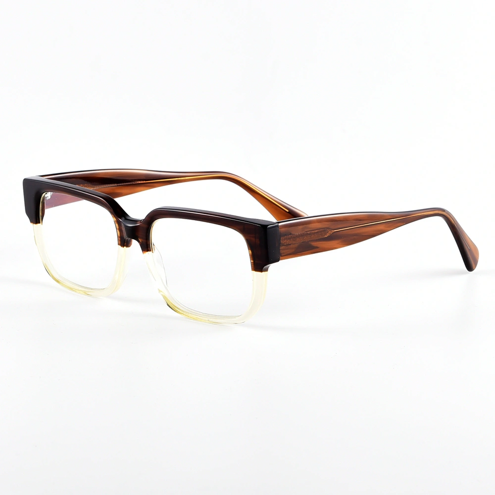 Wood-grain browline acetate optical frame, angled side view