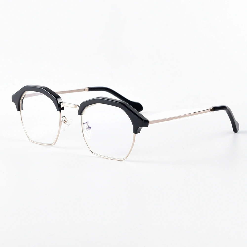 Silver and acetate browline optical frame, angled side view