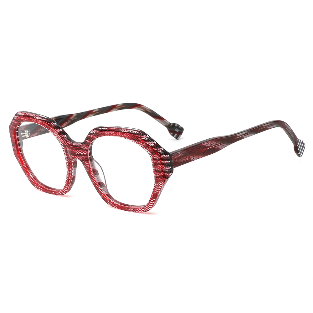 Red patterned hexagonal acetate optical frame, angled side view