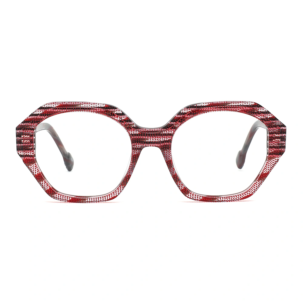 Red patterned hexagonal geometric acetate optical frame, front view