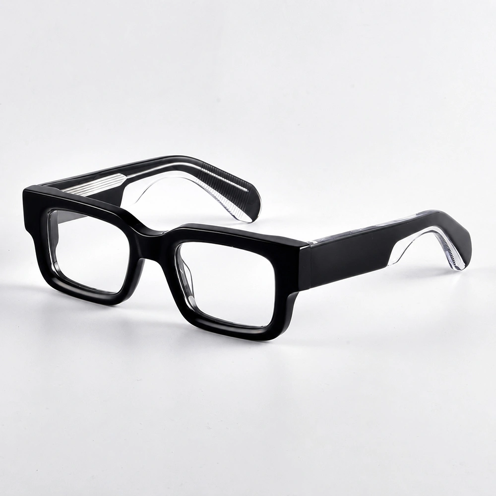 Black rectangular acetate optical frame with clear striped temples, angled side view