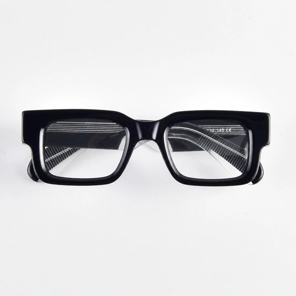 Black rectangular acetate optical frame with clear striped temples, front view