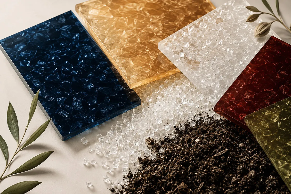 Bio-based and recycled acetate plates with raw material pellets