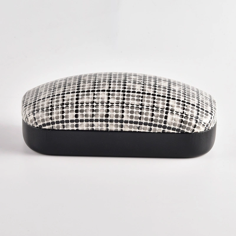 Black and white dot pattern fabric eyeglass case, closed view