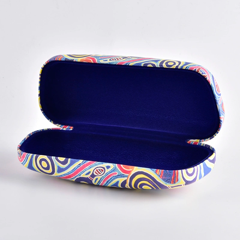 Abstract print case shown open with purple flocked lining