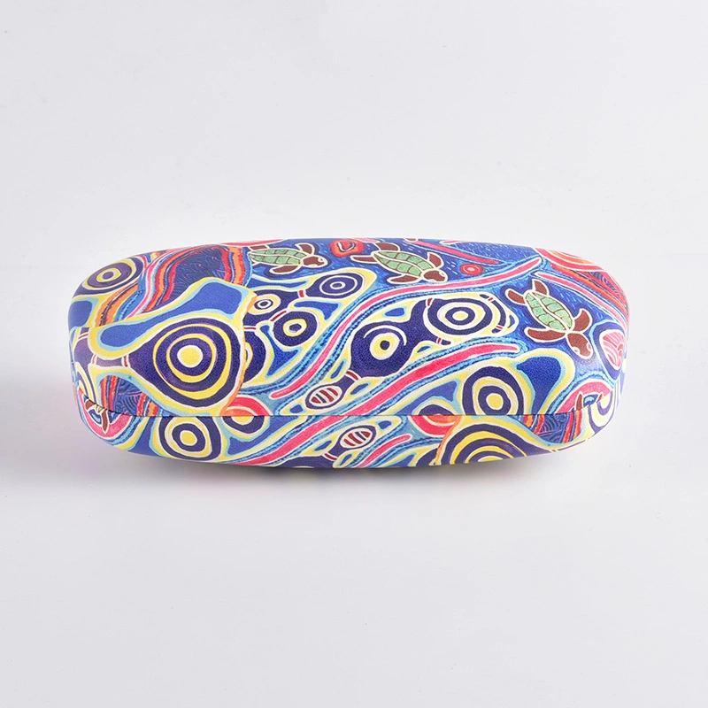 Blue and purple abstract print eyeglass case, closed view