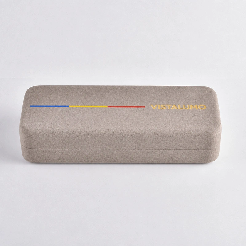 Taupe soft touch eyeglass case with color stripe detail, closed view