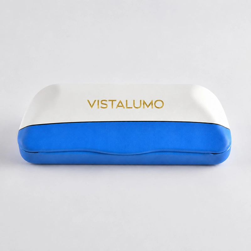 White and blue two tone eyeglass case with gold logo, closed view