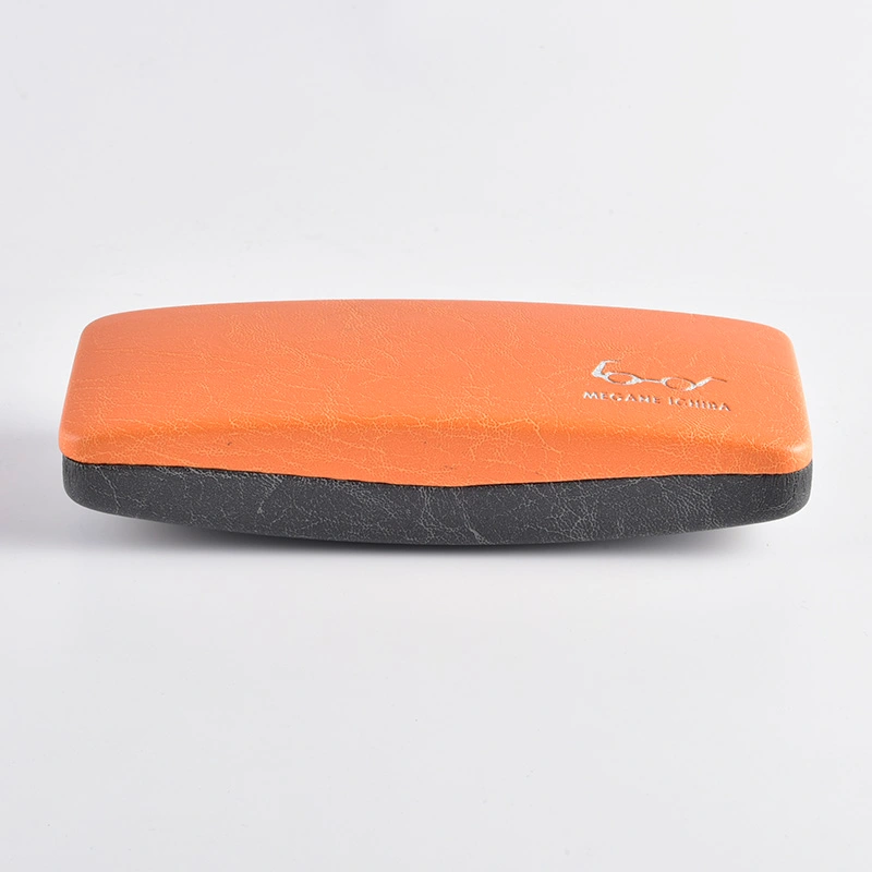 Orange and grey two tone eyeglass case, closed view