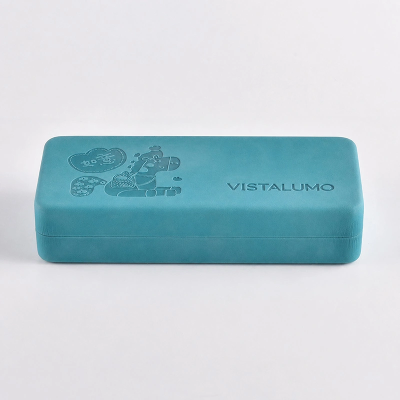 Orange and light blue printed paper eyeglass case sleeves, closed view