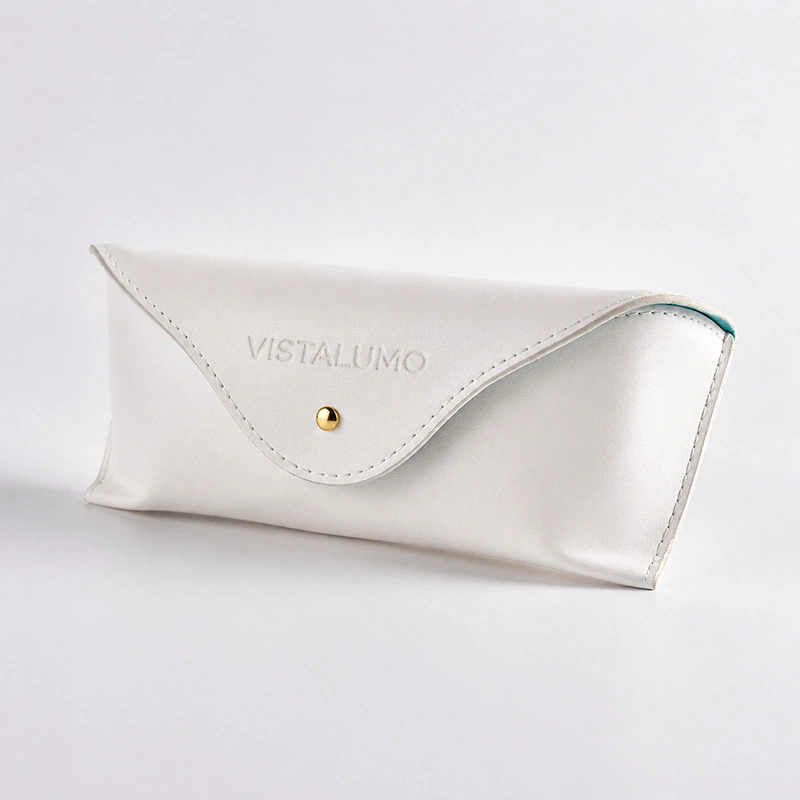White PU soft eyeglass pouch with snap flap, closed view