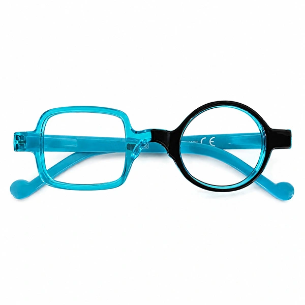 Front view of teal blue asymmetric round and square reading glasses
