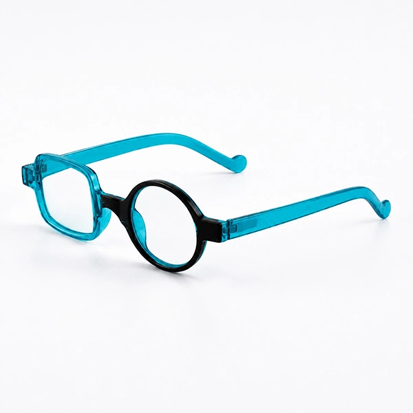 Teal blue asymmetric reading glasses with one round and one square rim, angled view