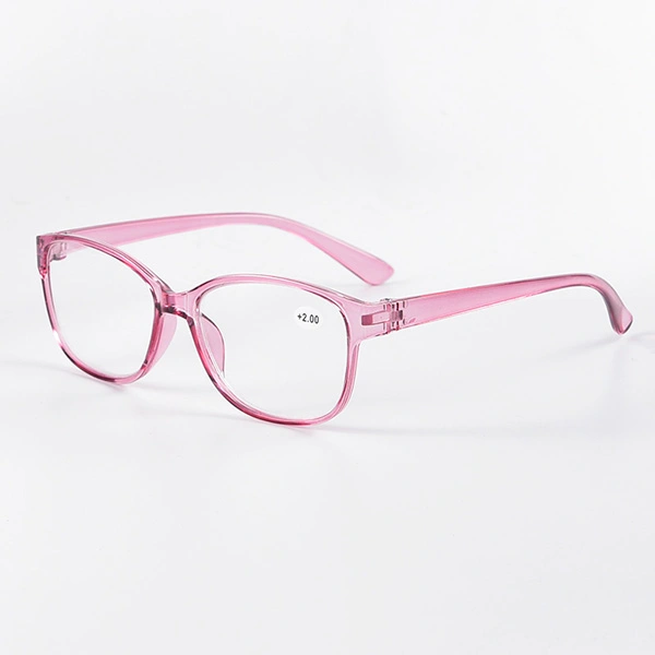 Crystal pink cat eye reading glasses, angled view showing temple detail