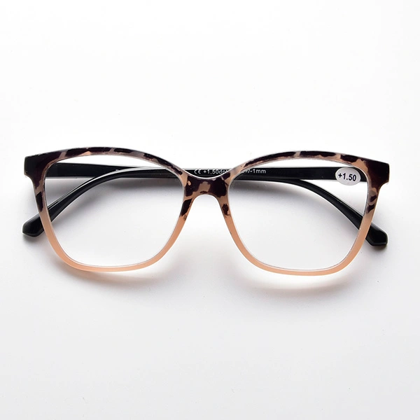 Front view of pink tortoise cat eye reading glasses