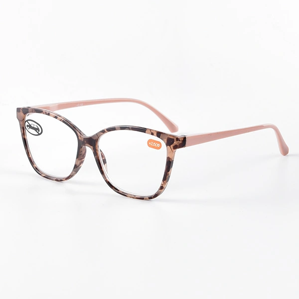 Pink tortoise cat eye reading glasses, angled view showing temple detail