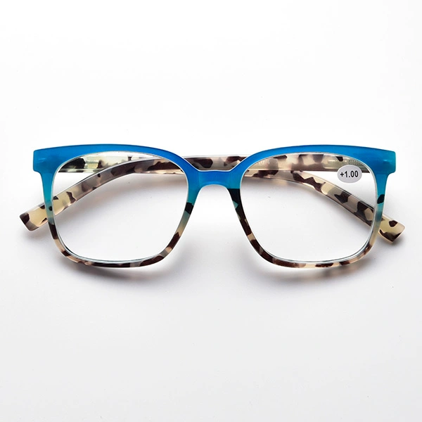 Front view of blue and white tortoise rectangle reading glasses