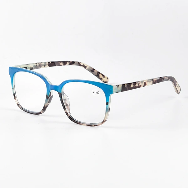 Blue and white tortoise rectangle reading glasses, angled view