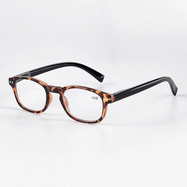 Brown tortoise rectangle reading glasses with black temples, angled view