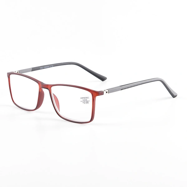 Burgundy slim rectangle reading glasses with grey temples, angled view