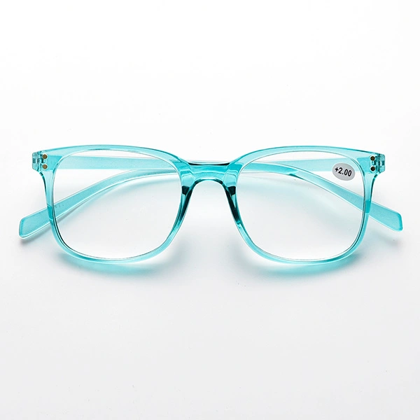 Front view of crystal blue rectangle reading glasses