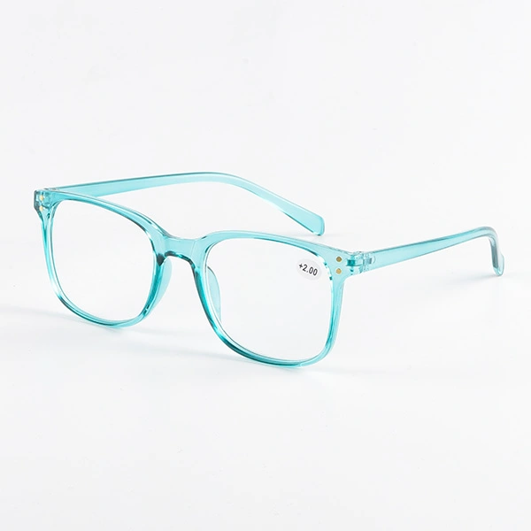 Crystal blue rectangle reading glasses, angled view showing temple detail
