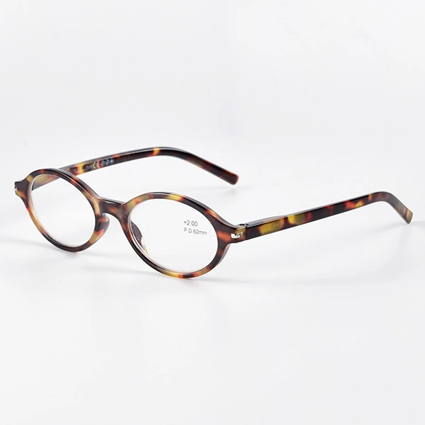 Classic tortoise round reading glasses, angled view showing temple detail