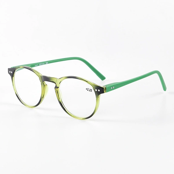 Green gradient round reading glasses with matching temples, angled view