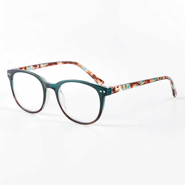 Teal round reading glasses with patterned temples, angled view