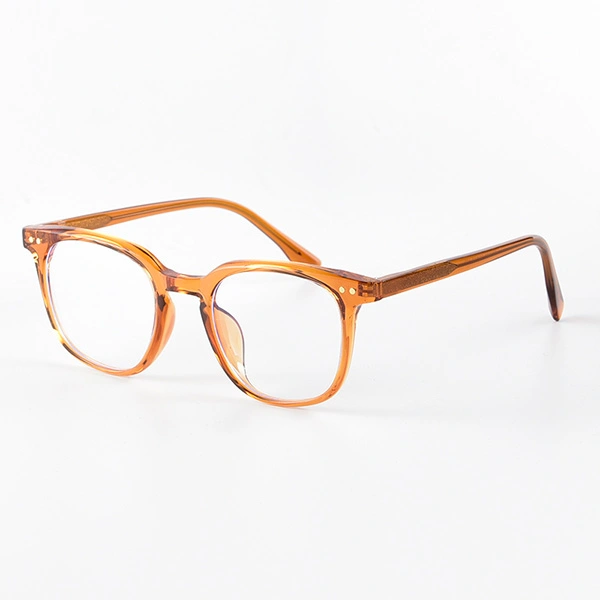 Amber square reading glasses with wire core temples, angled view