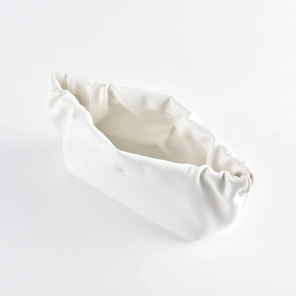 White gathered soft PU leather eyeglass pouch, interior view showing ruched opening