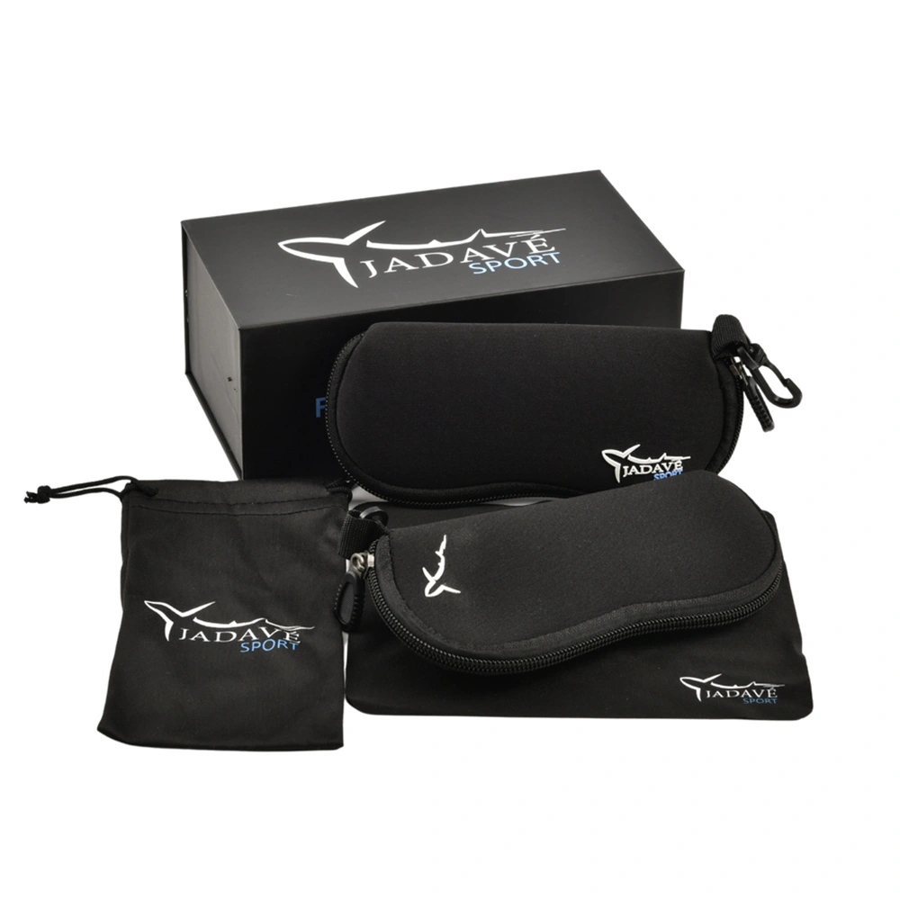Soft neoprene eyewear cases with zip closure and a drawstring pouch, custom branded with logo, beside a printed gift box